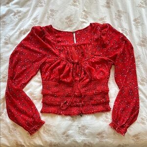 Free People Red Ruched Tie Front Blouse